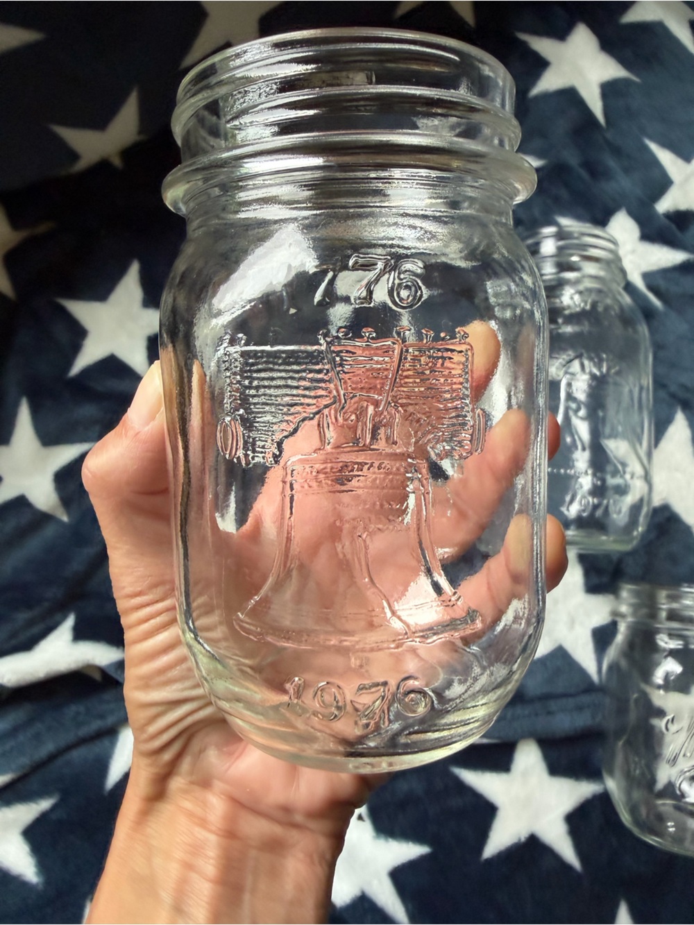 Four Vintage Liberty Bell Embossed Clear Glass Mason Jar